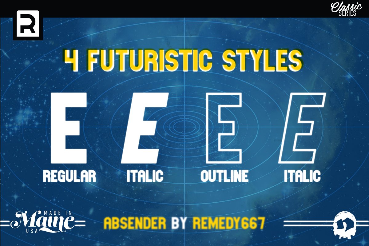 Remedy667 Absender Comes in 4 Futuristic Styles - Regular, Italic, Outline Regular & Italic