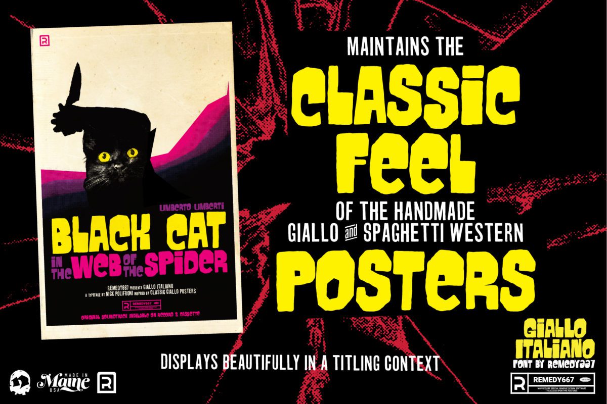 Maintains the Classic Feel of the handmade Giallo & Spaghetti Western Posters. "Black Cat in the Web of the Spider" Poster Example for Horror Movie Font, Giallo Italliano, by Remedy667