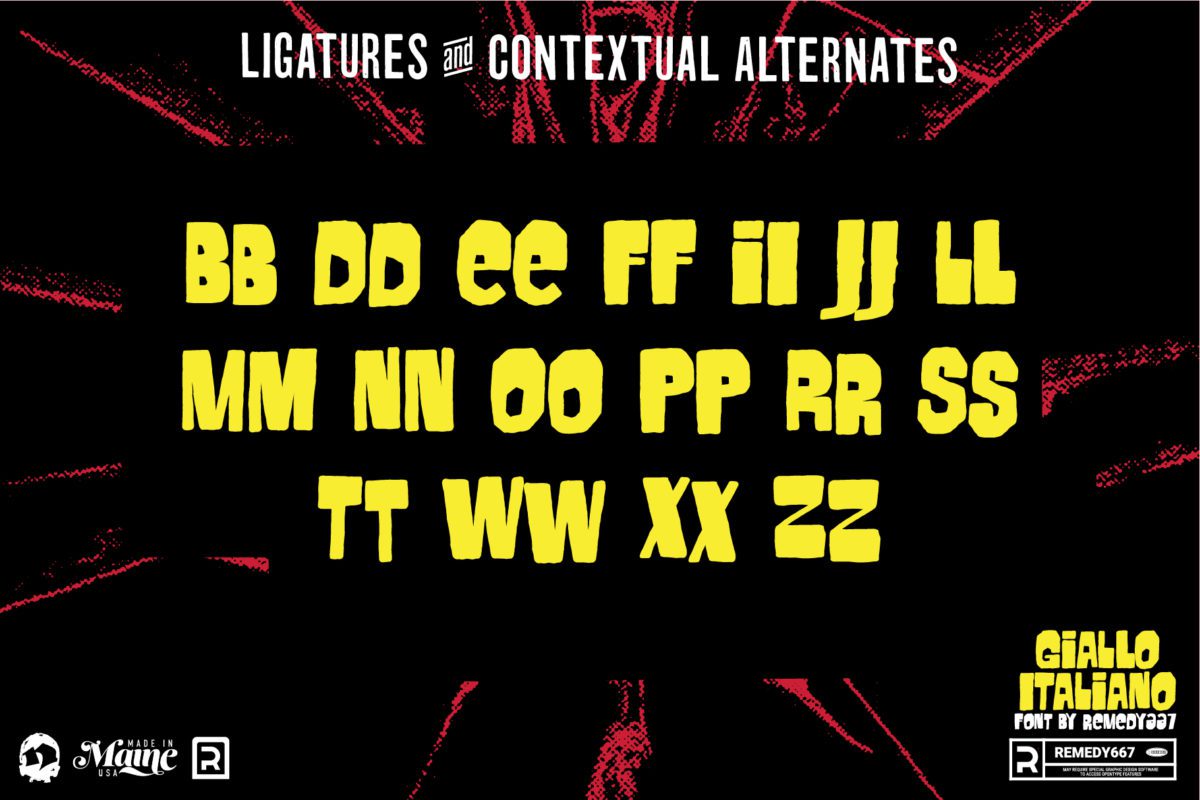 Ligatures & Contextual Alternates for Horror Movie Font, Giallo Italliano, by Remedy667