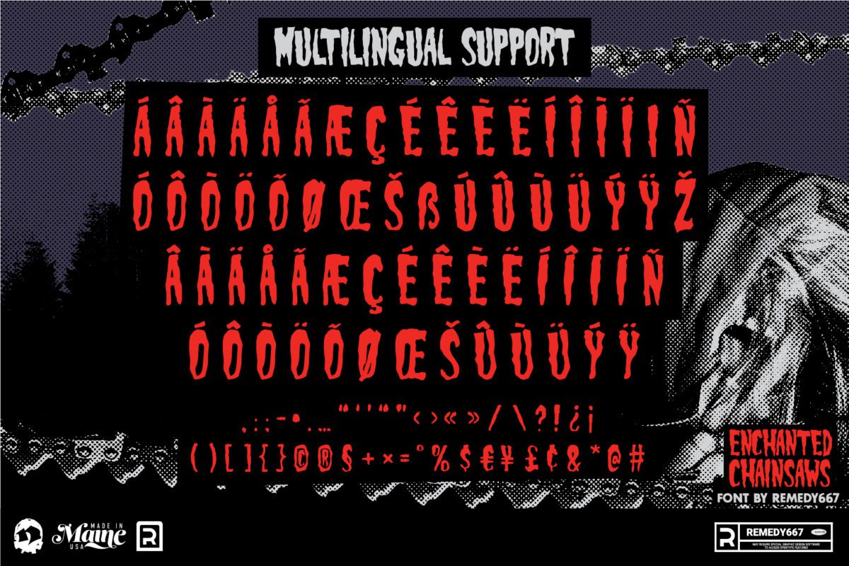 Multilingual Characters from the Enchanted Chainsaws Font by Remedy667