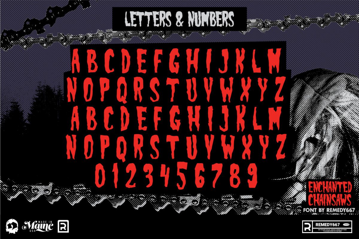 Letters & Numbers from the Enchanted Chainsaws Font by Remedy667