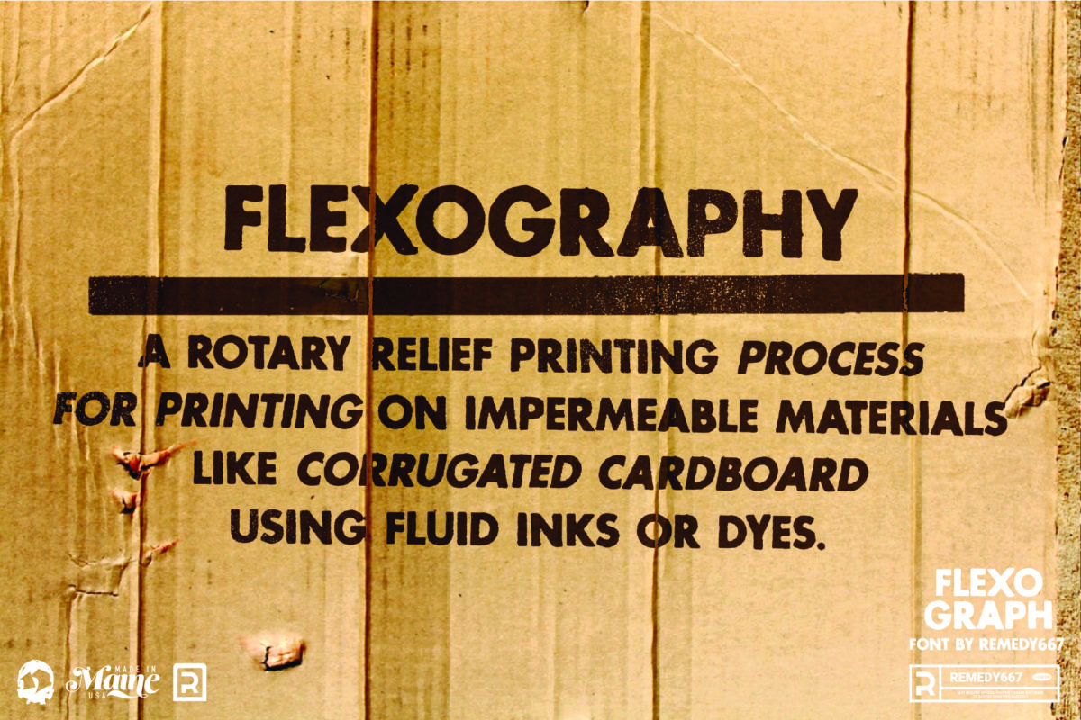 Flexography: A rotary printing process for printing on impermeable materials like corrugated cardboard using fluid inks or dyes. Flexograph Font by Remedy667