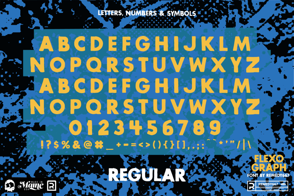 Letters, Numbers & Symbols in the Regular Version of the Flexograph Font by Remedy667