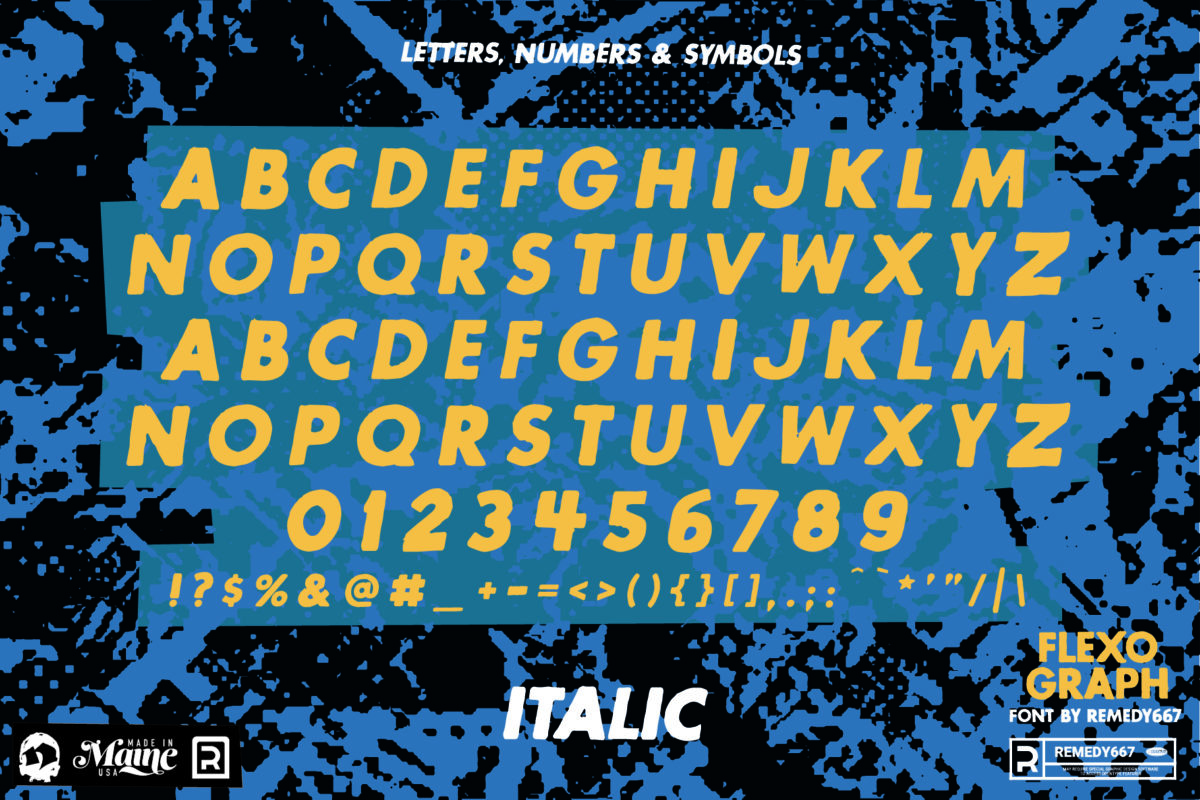 Letters, Numbers & Symbols in the Italic Version of the Flexograph Font by Remedy667