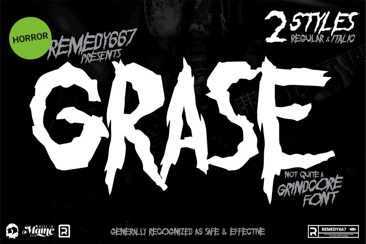 Grase font by Remedy667. Not quite a Grindcore font. Contains 2 styles: Regular and Italic.