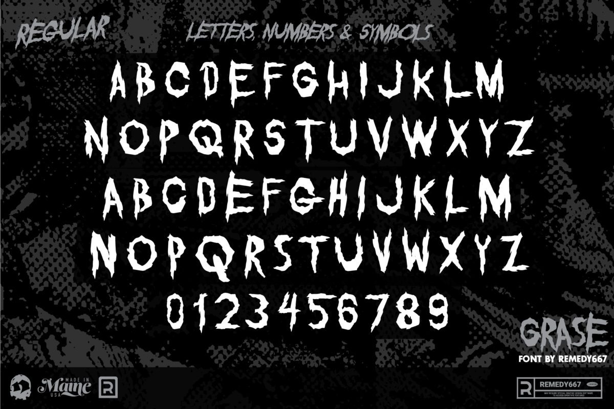 Letters, Numbers & Symbols in the Regular Version of the Grase Font by Remedy667