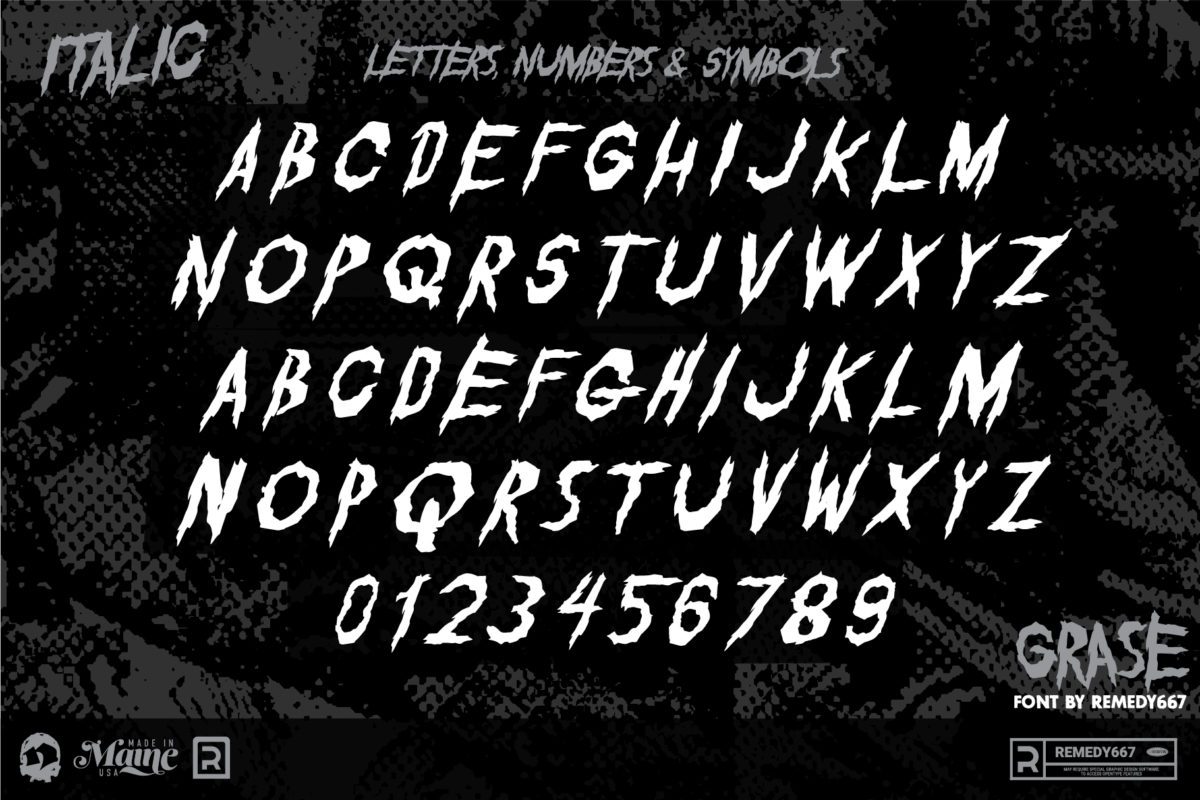 Letters, Numbers & Symbols in the Italic Version of the Grase Font by Remedy667