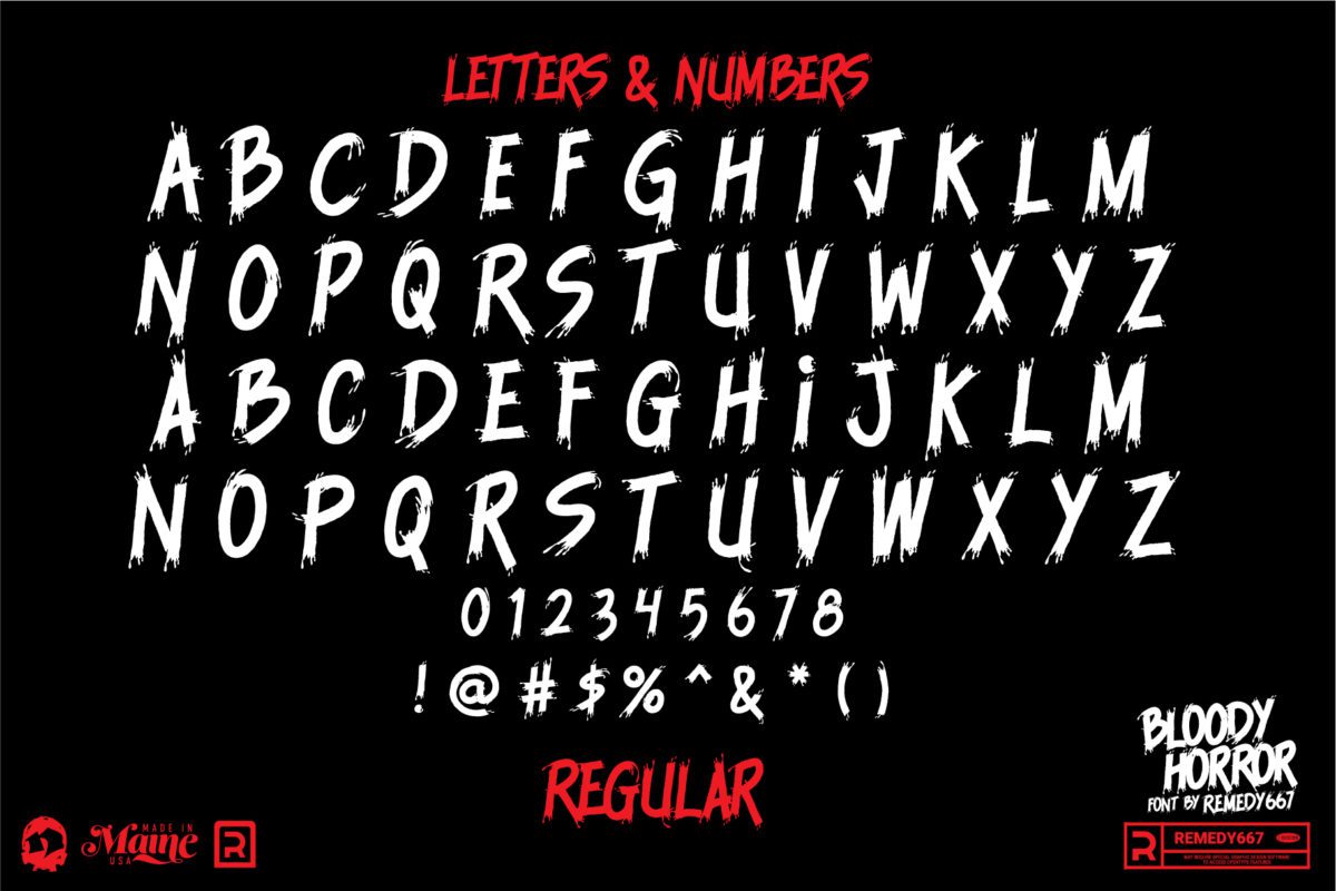 Remedy667 Bloody Horror A Horrorshow Inspired Typeface Letters, Numbers & More Regular