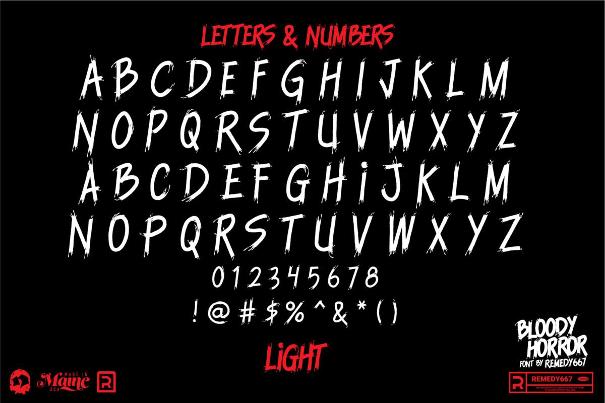 Remedy667 Bloody Horror A Horrorshow Inspired Typeface Letters, Numbers & More Light