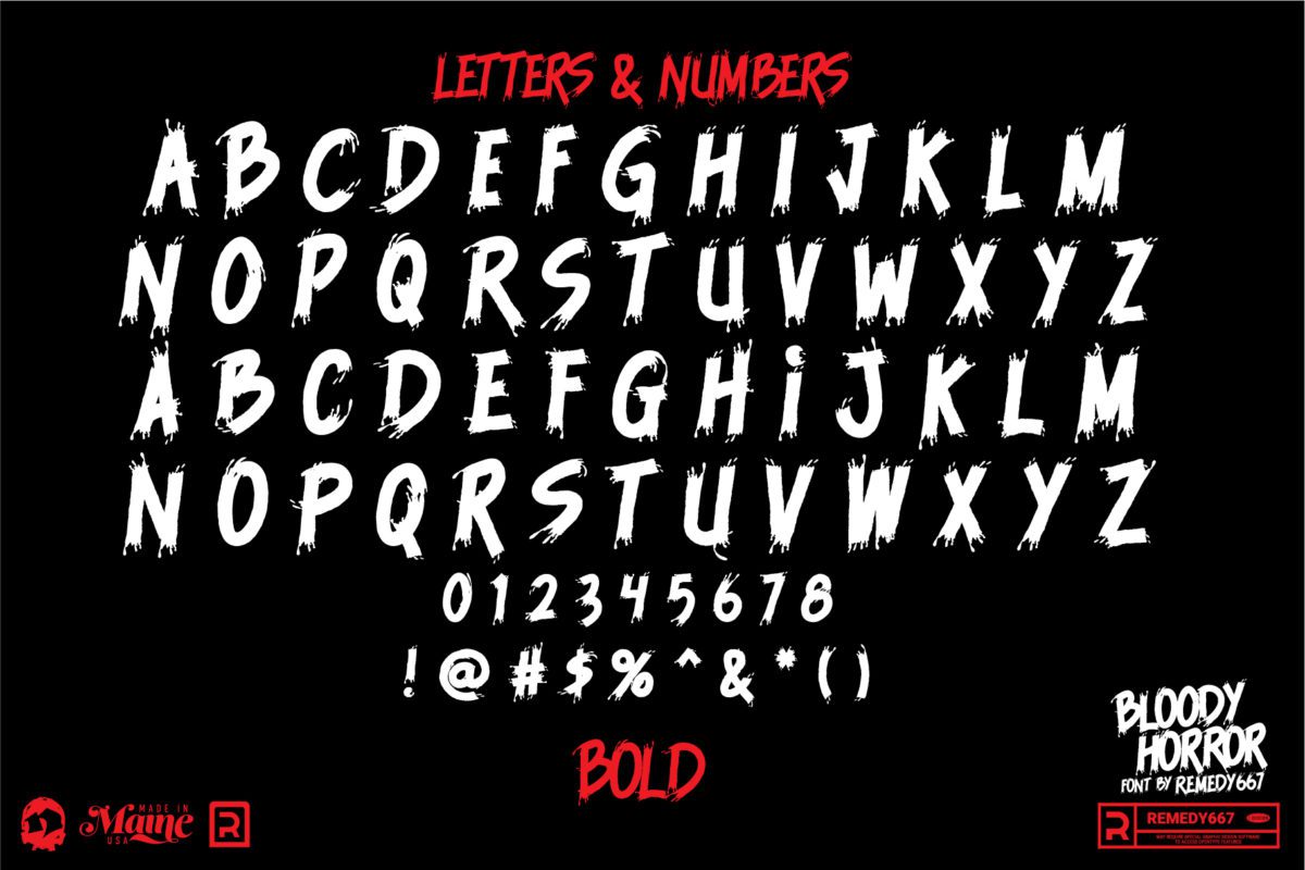 Remedy667 Bloody Horror A Horrorshow Inspired Typeface Letters, Numbers & More Bold