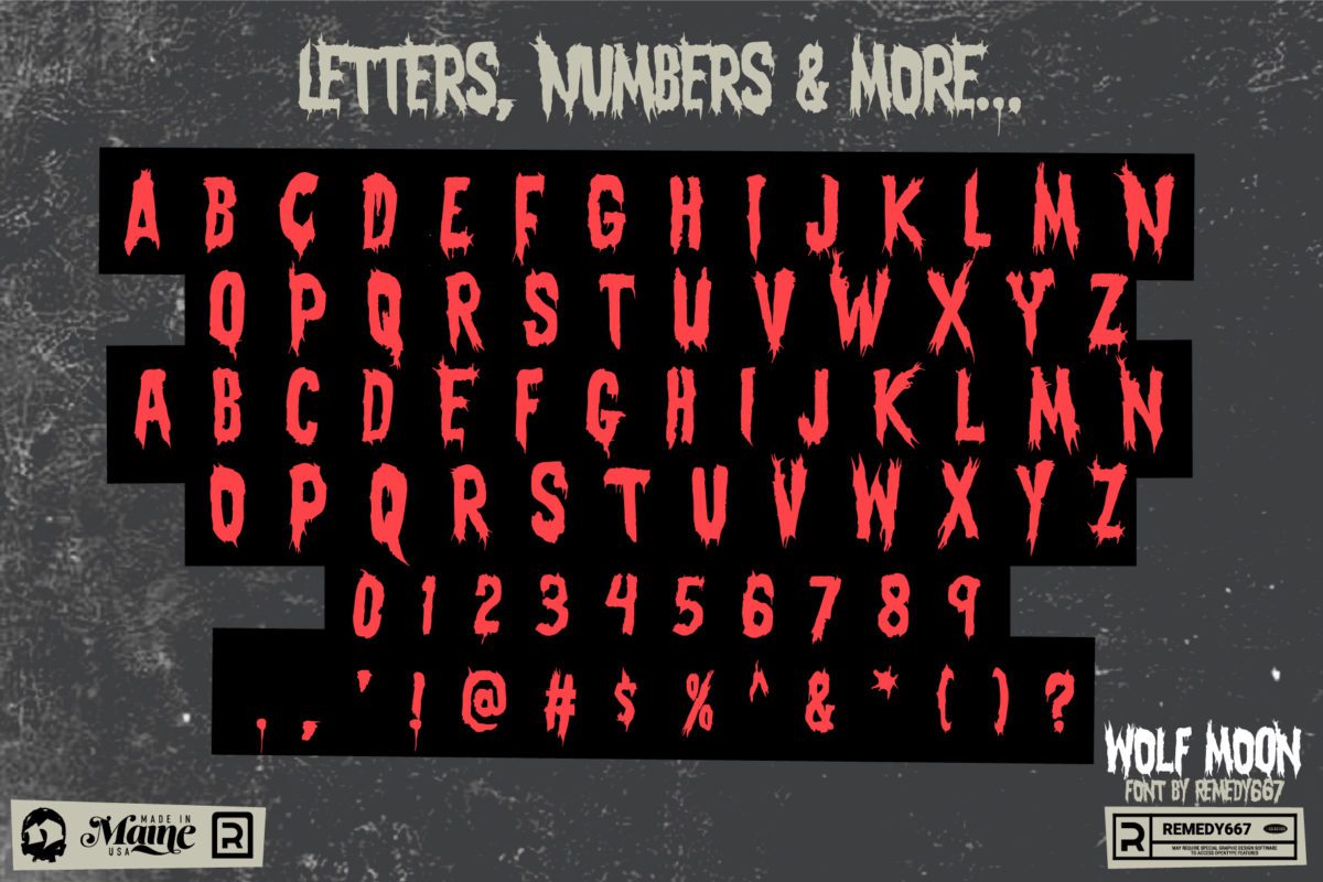 Remedy667 Wolf Moon Horror Font inspired by Organic Rot Letters, Numbers & More
