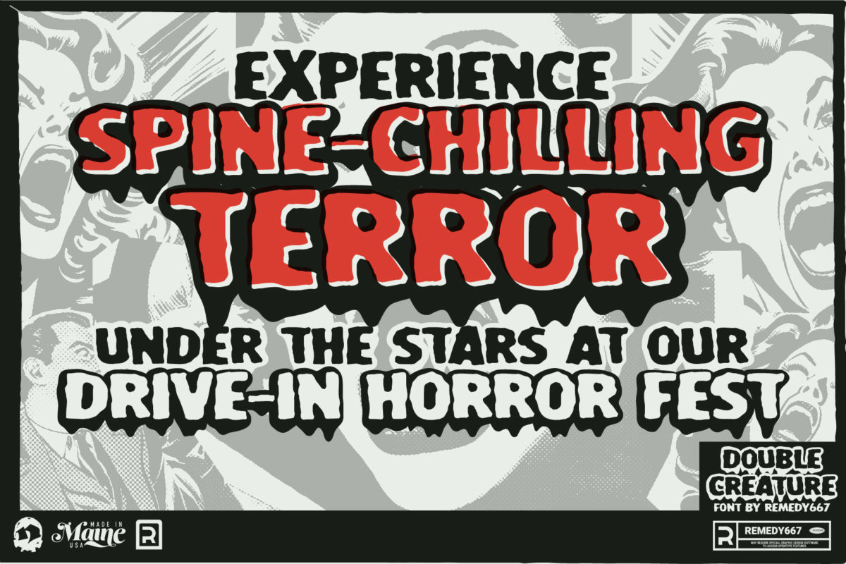 Remedy667 Double Creature Font Poster Experience Spine-Chilling Terror at our Drive-In Horror Fest