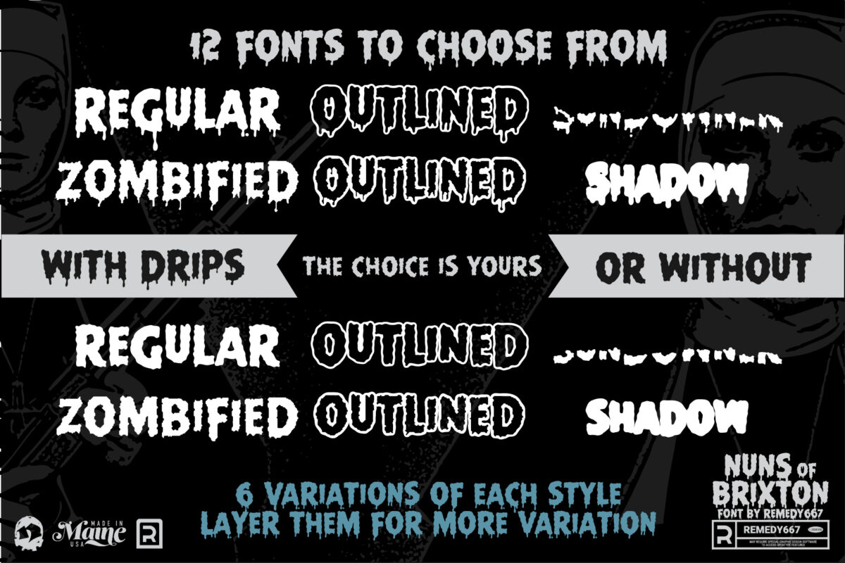 Nuns of Brixton font by Remedy667 - Includes 12 Fonts that layer for more variation