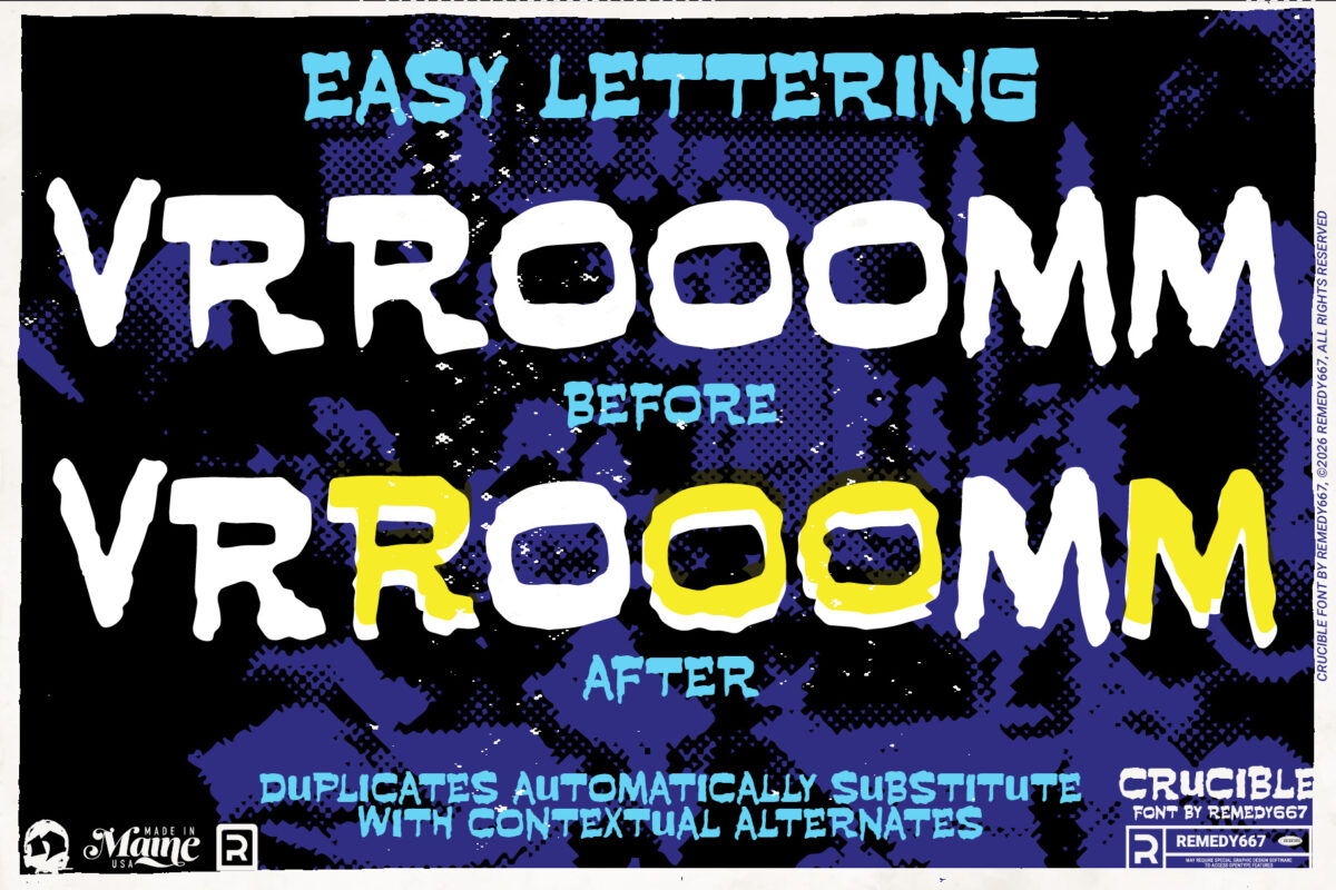 Crucible font by Remedy667 - Easy Lettering - Doubles Elimination - Automatically Substitute duplicate numbers & letters with contextual alternates