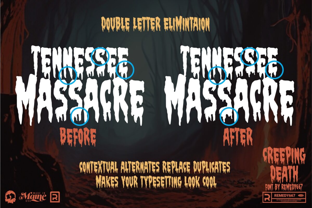 Remedy667 presents Creeping Death - Doubles Elimination - Automatically Substitute duplicate numbers & letters with contextual alternates