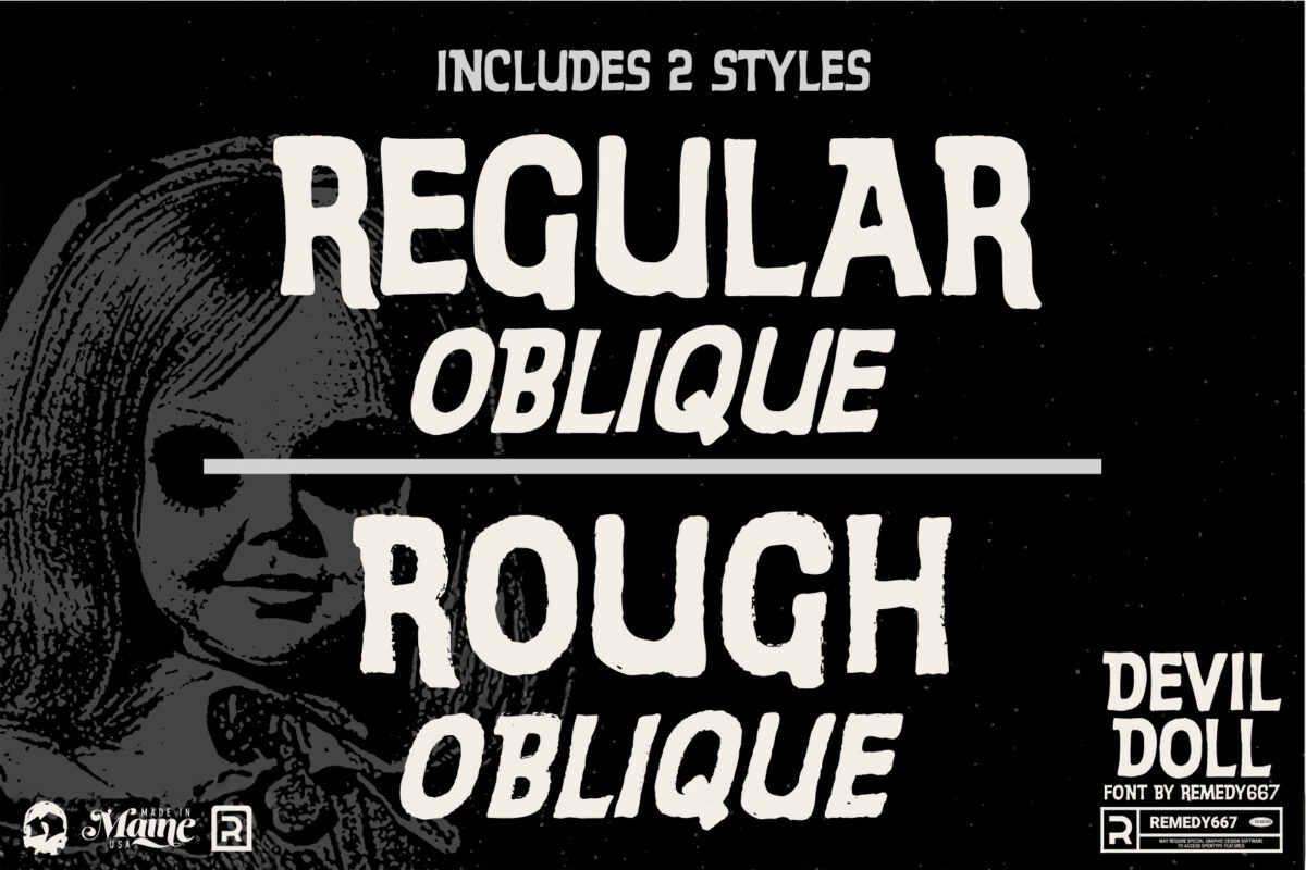 Devil Doll font by Remedy667 - Includes 2 Styles, Regular & Rough, both with Oblique versions